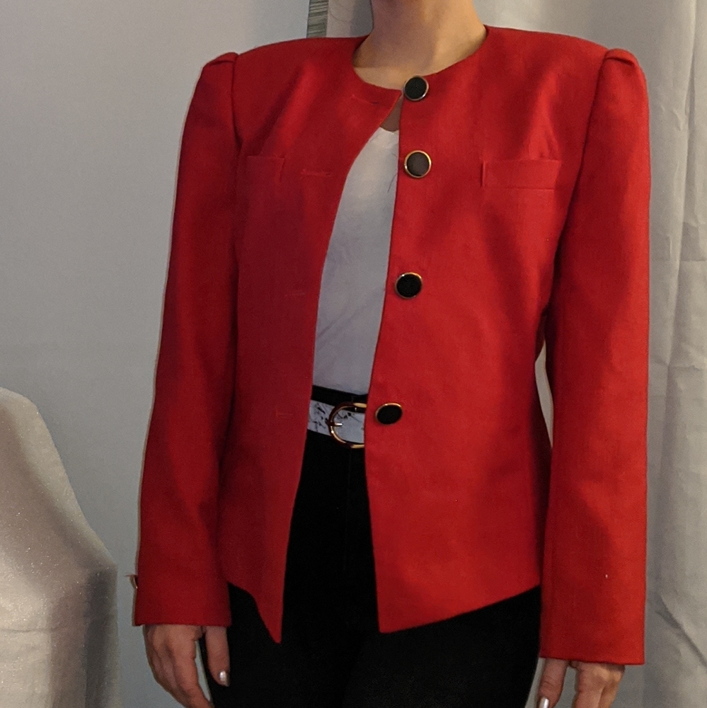Vintage red blazer with dramatic shoulders